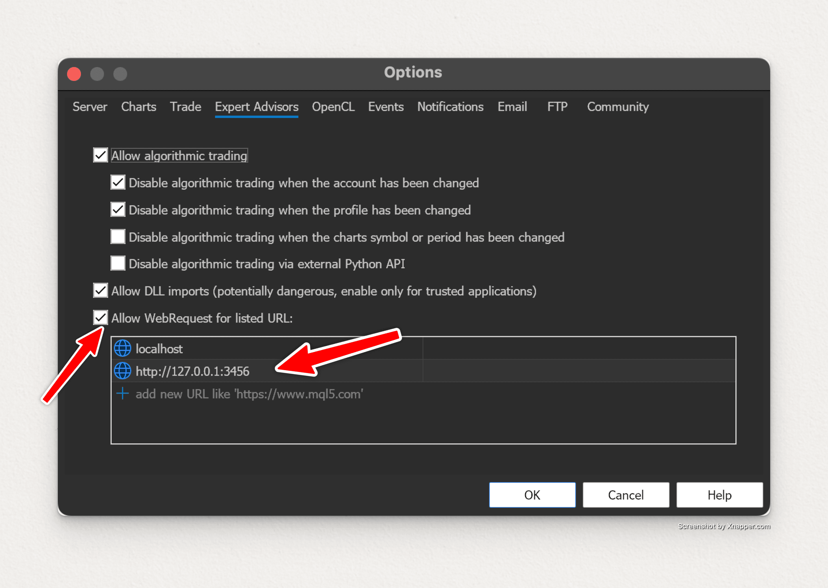 MetaTrader 5 Options dialog showing 'Allow WebRequest for listed URL' with 127.0.0.1:3456 configured